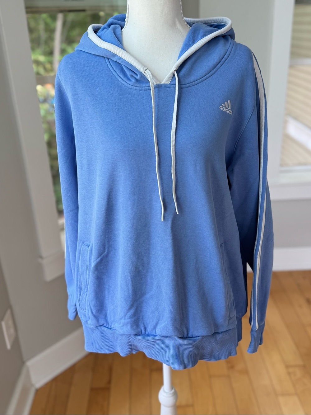 Adidas Light Blue and White Hoodie Sweatshirt Size XL